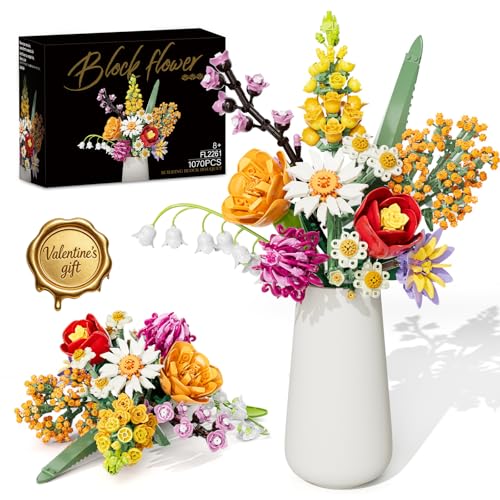 Bouquet de Fleur, 1070PCS Kit Construction de Fleurs Artificielles Plante pour Adultes Femmes Enfants Fille, Floral Collection Botanique Cadeau pour Anniversaire, Saint Valentin, Noël (Pas de Vase)