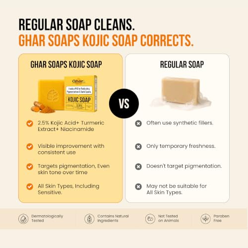 Image of Ghar Soaps Kojic Acid Soap | For pigmentation and dark spots reduction | With 2.5% Kojic Acid + Turmeric Extract + Niacinamide| For all skin types (100g x 3 Pack)
