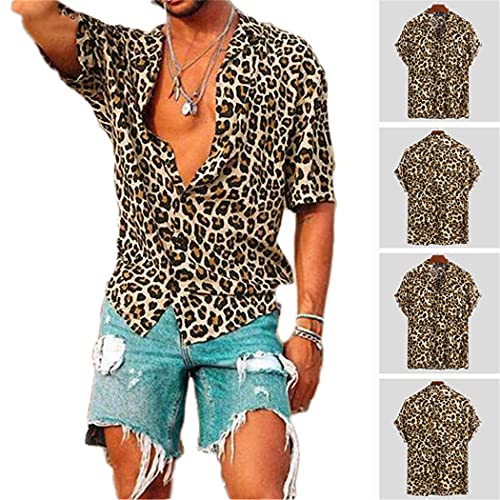 Chemisier d'été léopard homme finitions soignées col revers ample jaune - 2