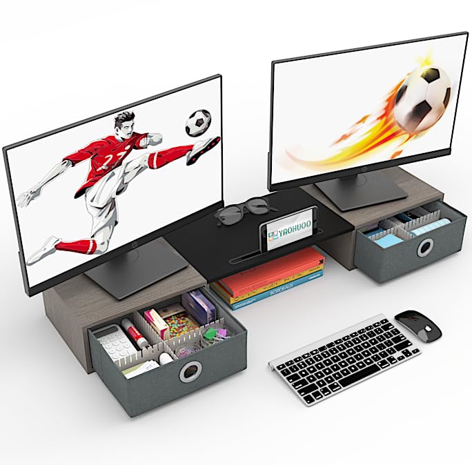 YAOHUOO Dual Monitor Stand with 2 Drawers, Computer Monitor Riser for 2 Monitors, Large Desktop Organzier with Storage for PC/Laptop/Computer/TV Screen/Printer,Black & Gray