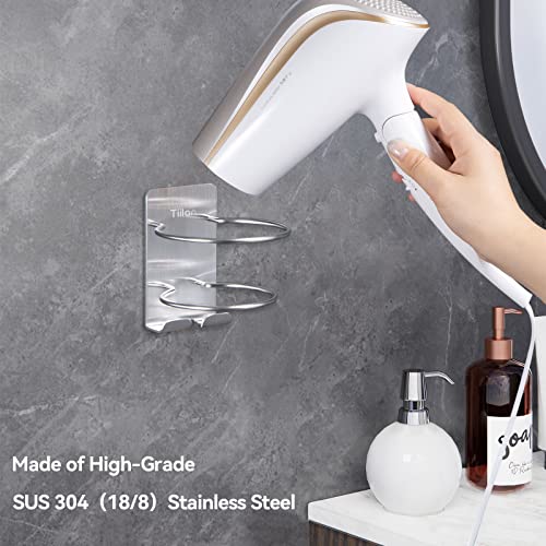 Tiilan Hair Dryer Holder Wall Mount, Blow Dryer Holder Self Adhesive, SUS 304 Stainless Steel, Bathroom Hair Tool Organizer Rack, Silver