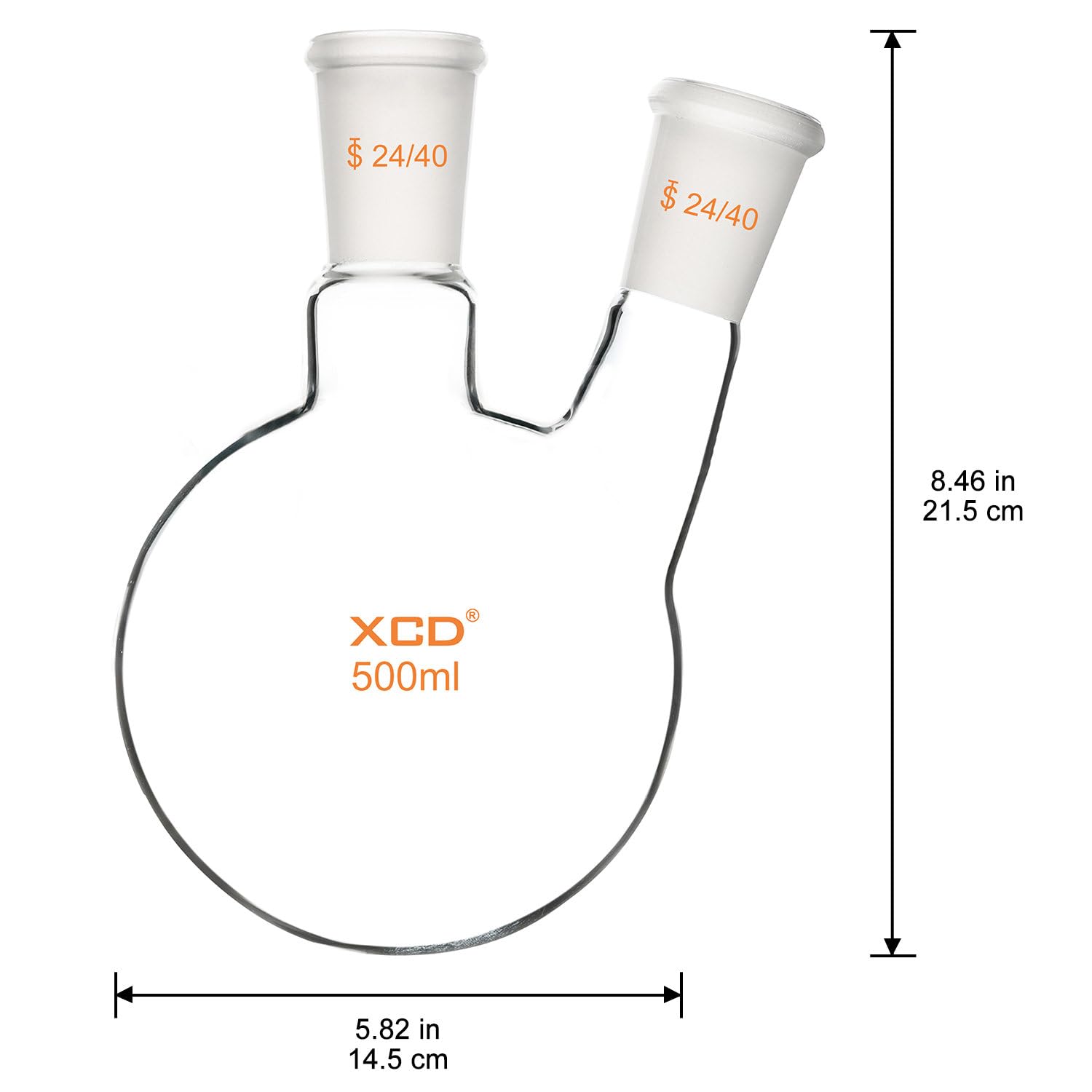 XCD Borosilicate Glass 2-Neck Round Bottom Boiling Flask with 24/40 Center and Side Standard Taper Outer Joint, Heavy Wall, 500 ml