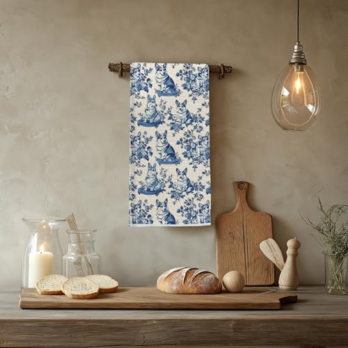 Image of Chinoiserie Corgi Dog Kitchen Towels, Gifts for Corgi Lovers Dish Tea Towels for Kitchen Decor, Grandmillennial Toile de Jouy Dog Decorative Hand Towels for Bathroom, 16x24 Inch