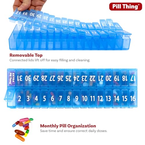 Image of XL Monthly Pill Organizer, Once-a-Day 31-Day Medication Storage Box w /Removable Lid, Extra Compartment for Additional Pills, BPA-Free (XL Blue - 1 Count) (Pack of 2)