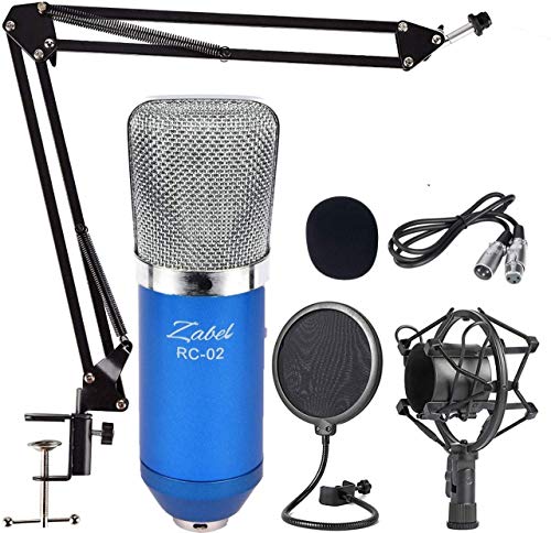Image of Kadence Zabel Condenser Microphone Bundle, RC02 Mic Kit with Adjustable Mic Suspension Scissor Arm, XLR Cable, Shock Mount and Pop Filter for Studio Recording & Broadcasting Need Phontom Power (Blue)