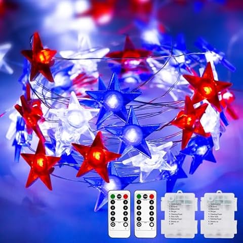 kolpop 4th of July Decorations Red White and Blue Lights [2 Pack] 50 LED Stars Fairy Lights, Battery Operated Patriotic Lights Waterproof for Indoor Outdoor Home Garden Cart Memorial Day Decorations Cover