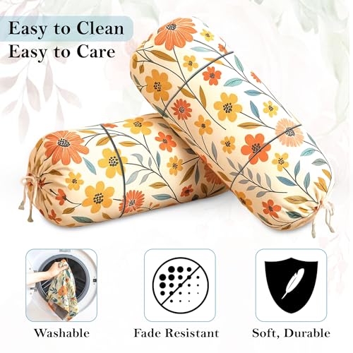 Image of GLUN Pack of 4 Multicolour Flower Printed Round Bolster Pillow Covers, Size 16 inch x 30 inch (40 x 75 cm, Cream) Printed Polyester Silk Fabric for Living Room or Bedroom, Stylish & Modern Covers