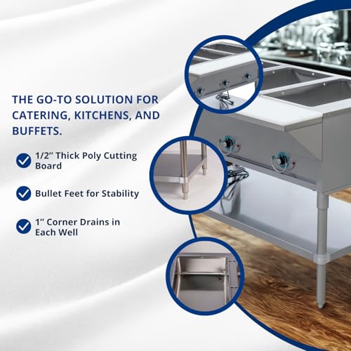 fse 373-est-3sw stainless steel electric steam table with 3 wells 30-58 x 48 x 34-38 poly cutting board and stainless steel undershelf