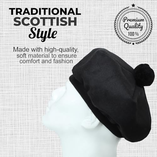 Image of Scottish Tam O' Shanter Hat Tartan Bonnet Pom Pom Wool Flat Cap One Size