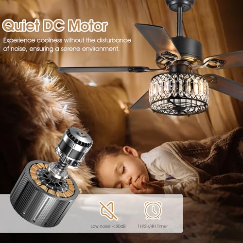 Kviflon Chandelier Ceiling Fans With Lights, Crystal Ceiling Fan With Remote, 48 Inch Farmhouse Fandelier Ceiling Fan For Living Room Dining Room Bedroom thumb #6