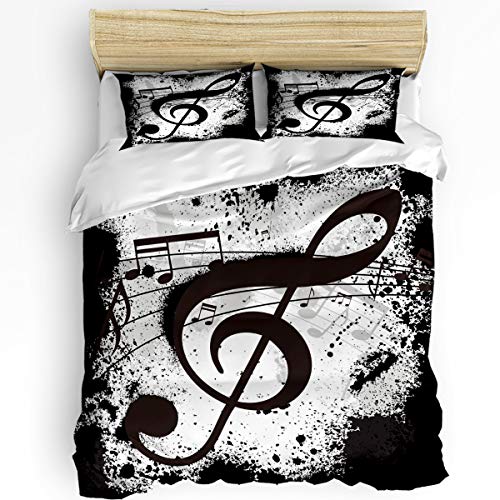 Image Duvet 3Pieces Bedding Sets Home Comforter Music Bedspread Bed Sheet for King Size Adult Kids,Flat Sheet,2 Pillow Shams Set- Musical Note Black White Old