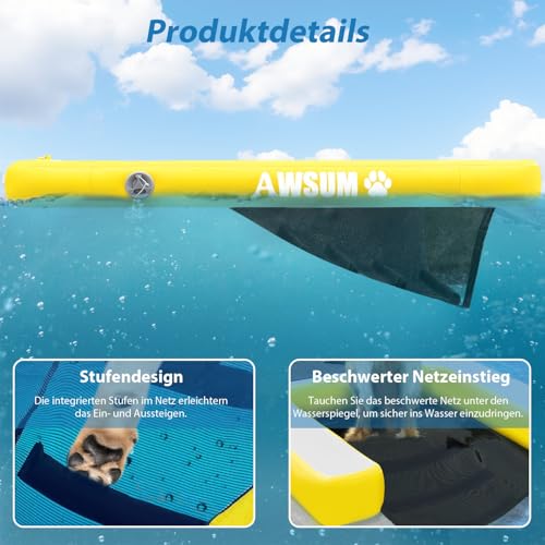 AWSUM 120x100cm Hunderampe Aufblasbar Hunde Wasserrampe Aufblasbare Dog Ramp Hundeboot Rampe Leiter Schwimmrampe Welpe Planke Schwimmdock Plattform für Hunde bis zu 80 kg, für Pool, Boote, Docks, Seen