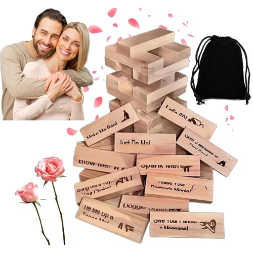 Lust Tower Games for 48pcs Adults Super Naughty Block Tower Tumbling Wooden Tower Stacking Block for Couples Date Night Ideas for Valentine Lover Drunking Games(with Bag)