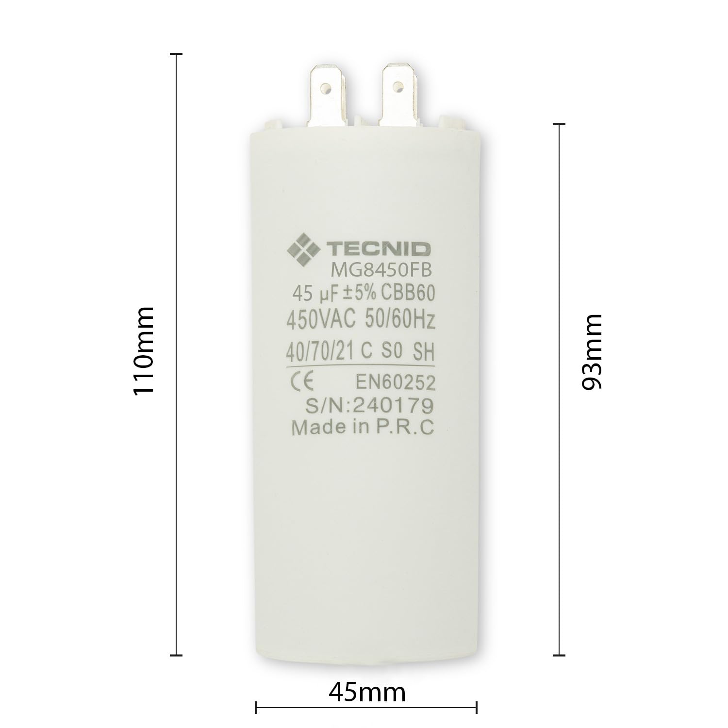 Condensatore di Spunto 45µF 450V AC fondo piatto Per Motori Monofase