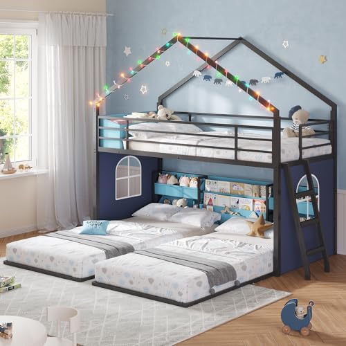 DICTAC Triple Bunk Bed for 3 Kids with 2 Storage Boxes Built-in Bookshelf Twin Over Twin House Triple Bunk Bed with LED String Lights Heavy-Duty Metal 3 Bed Bunk Beds with Safety Guardrail & Ladder