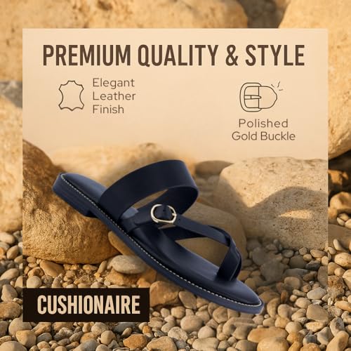 CUSHIONAIRE Laws Womens Sandals, Strappy Vegan Leather Slides for Women with Comfortable Flat Sole and Toe Ring4
