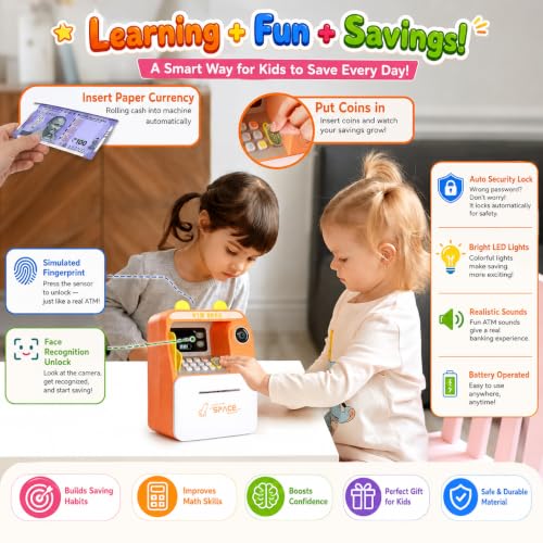 Image of Magicwand FACE Recognition Musical Money Safe Kids Piggy Savings Bank with Personal ATM Card【Pack of 1】【Orange】