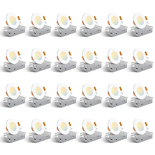 Amico 24 Pack 3 Inch 5CCT Ultra-Thin LED Recessed Ceiling Light with Junction Box 2700K/3000K/3500K/4000K/5000K Selectable 7W Eqv 60W Dimmable Canless Wafer Light 500LM High Brightness ETL&FCC
