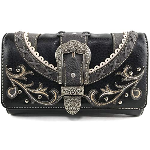 Zelris Western Country Floral Buckle Crossbody Trifold Wallet (Black)