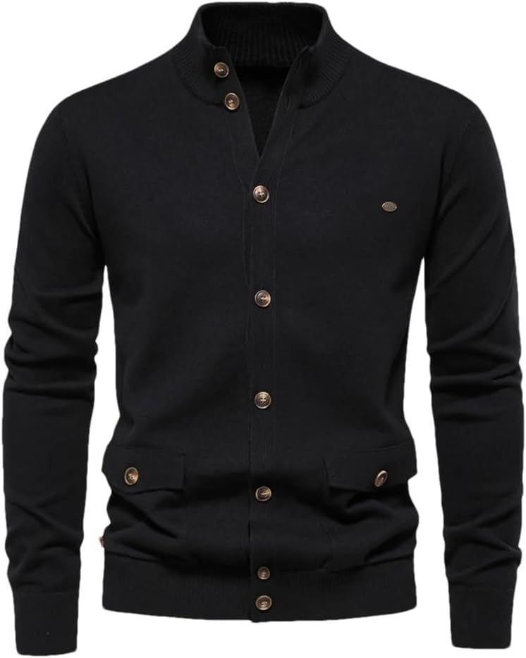 Men's Stand Up Collar Cotton Ribbed Knitted Cardigan Solid Color Casual Loose Button Design Knitted Cardigan Sweater
