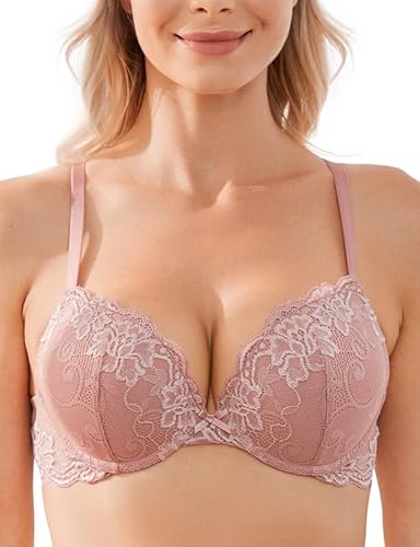 WingsLove Women's Push up Bra Floral Lace Padded Underwire Bra Demi Plunge (Rose Pink,40F)