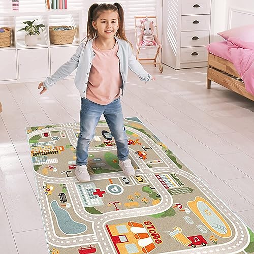 Kids Playroom Rug City Life Play Mat for Toy Cars and Trains, Play Area Rug with Rubber Backing Non-Slip Carpet, Kids Race Track Rug for Playing and Learning (2'7''X4'11''(Oblong))