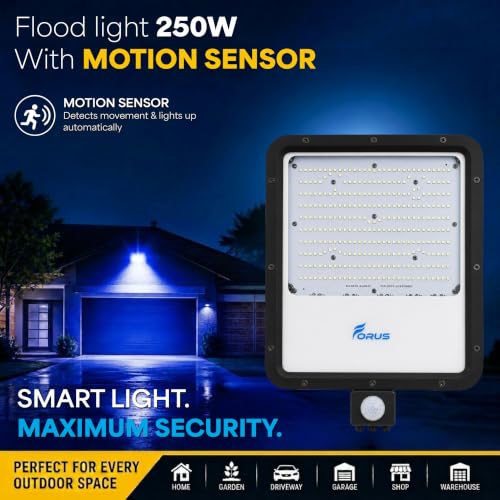 Image of Forus 250W LED Flood Light Blue with Motion Sensor Auto On Off Day Night Mode Waterproof Outdoor Security Light for Garden Parking Garage Factory Warehouse Shop High Bright Floodlight 4Yr Warranty-1Pc