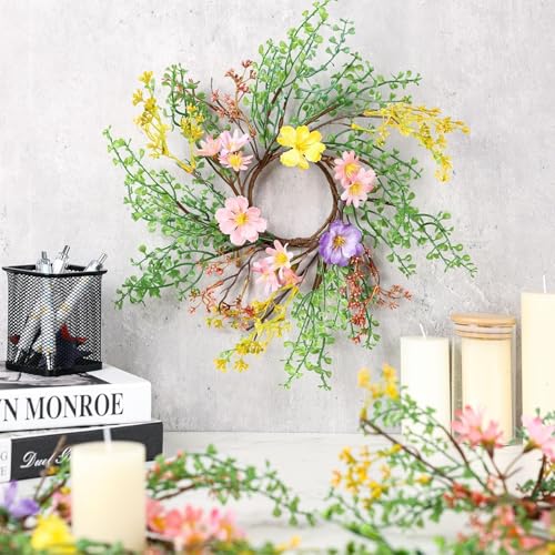 6 Pcs 10 Inch Spring Summer Floral Candle Rings Wreath Mini Artificial Wreath for Front Door with Pink Yellow Purple Flowers for Pillar Front Door Porch Wall Window Farmhouse All Seasons Decoration
