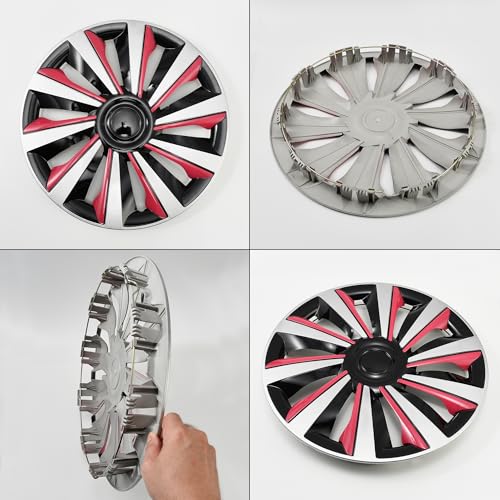 Image of Silver with Pink Hubcap Wheel Cover Replacement Kit 16 inch Hub Caps Wheel Rim Cover Car Exterior Accessories Pack of 4, 16 Inches