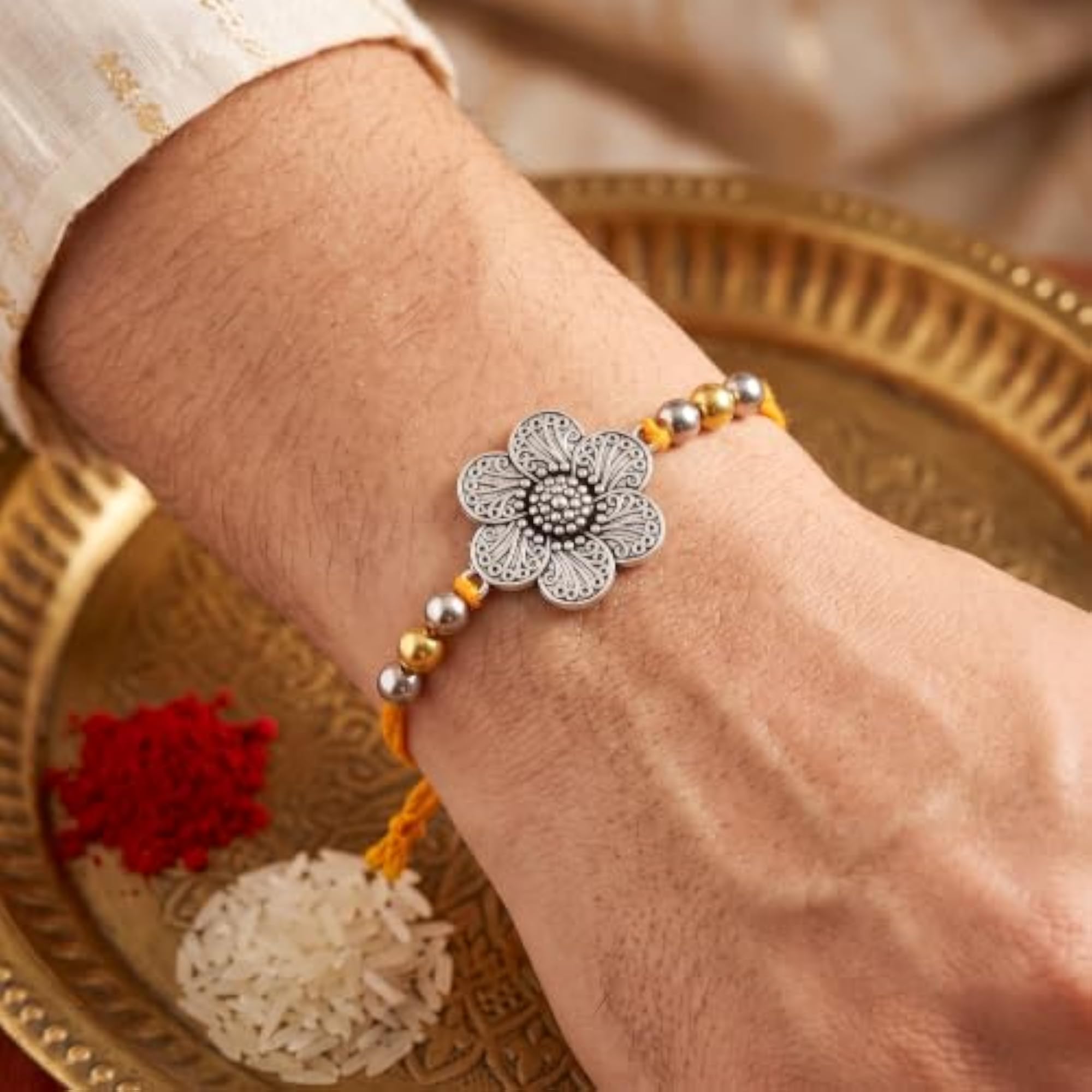 Premium Floral Designer Rakhi with Red Beads for Brother