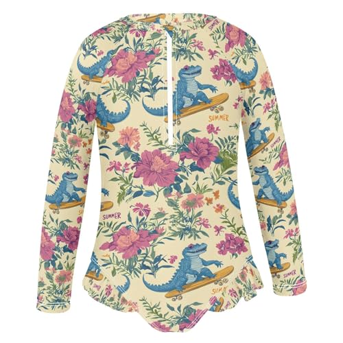 ALAZA Crocodile Floral Blossom Girls One Piece Swimsuit Long Sleeve Rash Guard Swimsuits UV 50+ Swimwear Zipper2