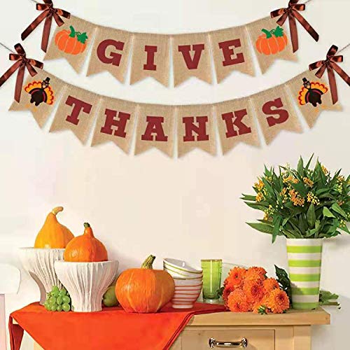 Give Thanks Burlap Banner - 17ft Thanksgiving Decor With Pumpkin & Turkey, Rustic Bunting For Fireplace, Wall, Party - View #8