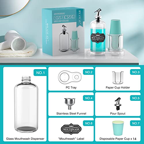 Byaway Mouthwash Dispenser For Bathroom With Cup Holder Detchable Glass Mouthwash Container 16 Oz,Refillable Mouth Washer Dispenser For Countertop With Pc Tray,14 Paper Cups,Pour Spout,Funnel & Label #TOP2