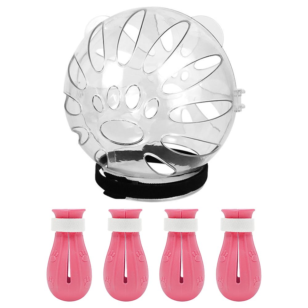 Casque à bulles respirant Cat avec couvre-pattes en silicone, capuche réglable en plastique pour chat rose, coupe des ongles pour le bain et le rasage