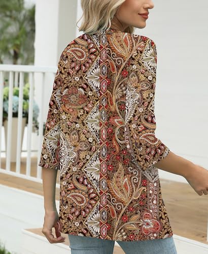 3/4 Length Sleeve Womens Tops V Neck T Shirts Casual Pleated Tunic for Women Fashion Loose Blouses4