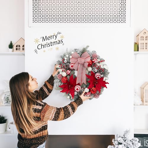 GarveeHome 24" Pre-Lit Christmas Wreath for Front Door, Large Artificial Christmas Wreath, Battery Operated Lighted Xmas Wreath for Door Window Indoor Outside Xmas Home Decor, Red and White