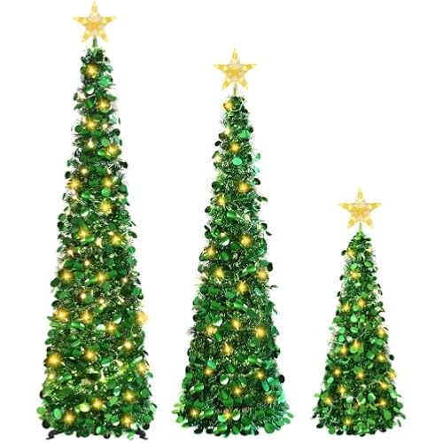 3PCS Pop Up Christmas Trees with Lighted Top Stars, 3FT & 4FT & 5FT