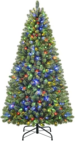 SHareconn 6ft Prelit Premium Artificial Hinged Christmas Tree with 330 Warm White & Multi-Color Lights, 1018 Branch Tips and Foldable Metal Stand, Perfect Choice for Xmas Decoration, 6 FT