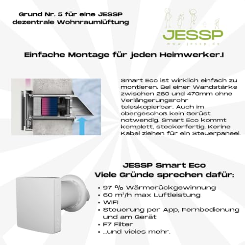 JESSP Eco Smart DZ Wohnraumlüftung – Luftfeuchte-gesteuert, 97 % Wärmerückgewinnung, WLAN, F7-Filter, Ø160 mm, 60 m³/h, leise ab 11,2 dB, Energieklasse A, 5 Jahre Garantie, für Wandstärken bis 470 mm