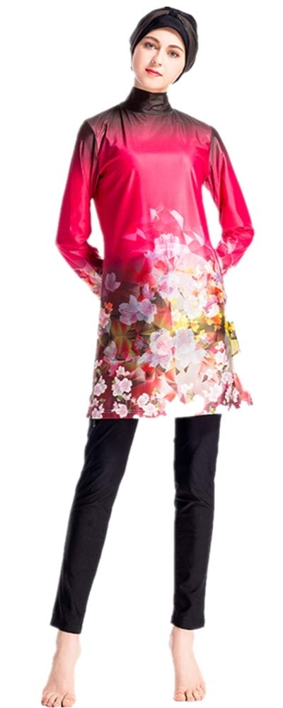 Women Muslim Swimwear Islamic Long Sleeve Burkini Floral Full Cover Hijab Modest Swimsuit (N1, Int’l XL)