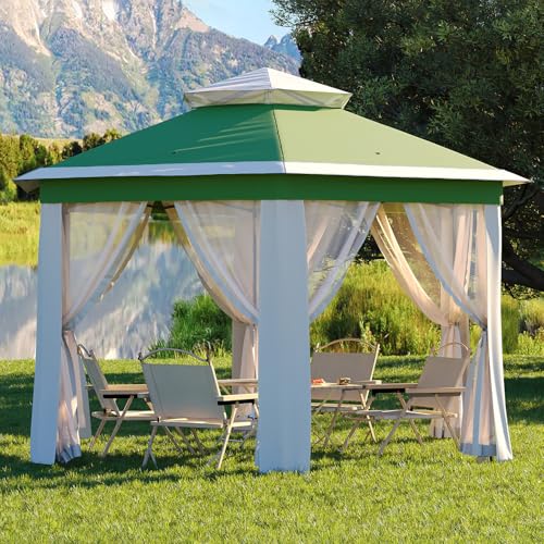 Garvee 13x13FT Pop Up Gazebo Screen Tent,Hexagonal Instant Gazebo Tent with Mosquito Netting Outdoor Canopy,6 Sided Sun Shelter with Mesh Netting,Pavilion Tents for Patio,Green+Beige