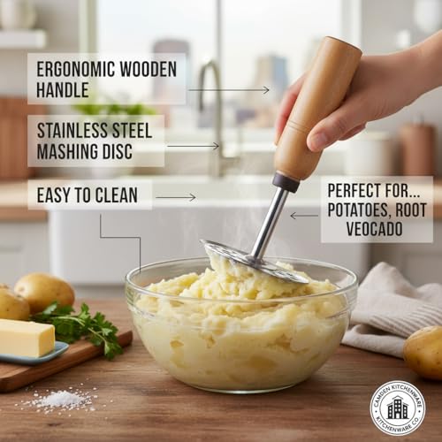 Image of CAMDEN Potato Masher Stainless Steel with Wooden Handle | Heavy Duty Strong Grip | Rust Proof Kitchen Vegetable Masher
