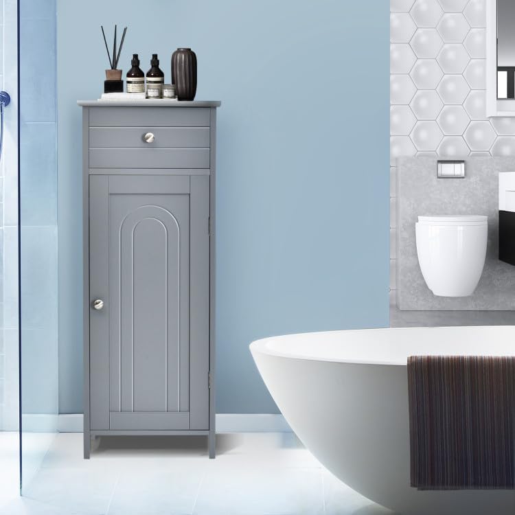 Miniatura 2 de GOFLAME Armario de almacenamiento de baño, armario de almacenamiento de madera independiente con cajón grande, 2 estantes flotantes con 7