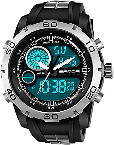 Preisvergleich Produktbild QIANXIAN Militärische Männer Sportübertragungen Stoppuhr Digitale Multifunktions-Uhr Alarm LED Mannuhr,Silber