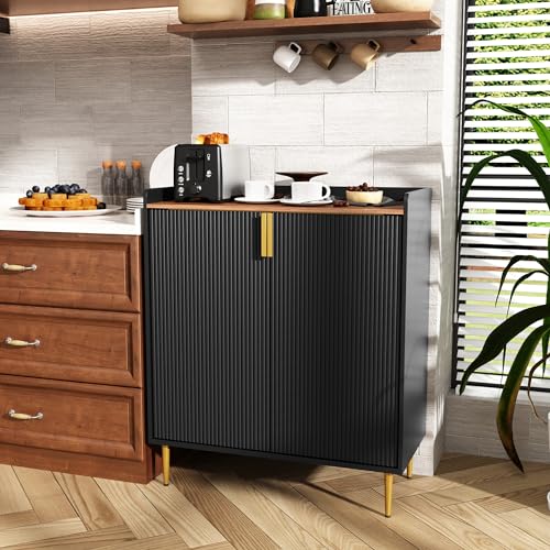 Image of ARTPOWER Modern Coffee Bar Cabinet with Fluted Texture, Black