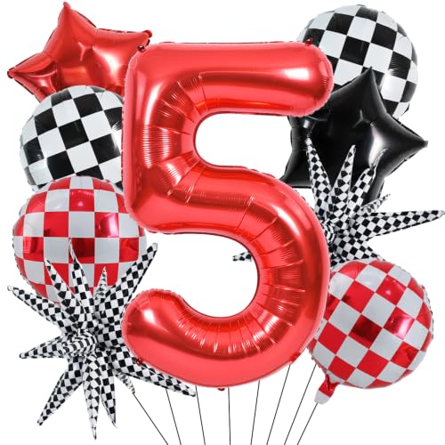 Image of TONIFUL Race Car Party Balloons Set - 40 Inch Red Number 5 Foil Balloon with Checkered Round, Explosion Star & Star Balloons for Boys 5th Birthday Car Themed Decorations, Photo Backdrop Supplies