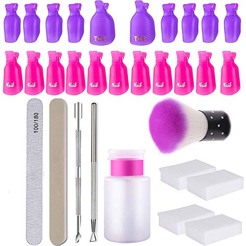 Gel Nail Polish Remover Tools 600 Pcs Cotton Pads, 20 Pcs Nail Clips, 2Pcs Nail File, 1 Pcs Nail Brush, Triangle Cuticle Pusher and Cutter Set,1 Pnail polish remover Pump bottle