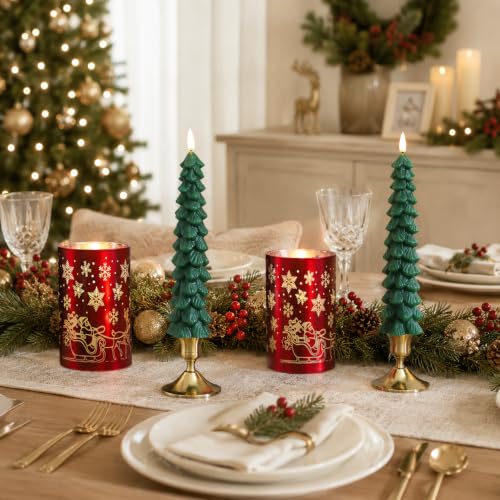 Image of Lezonic Christmas Flameless Candles with Remote, Green Christmas Tree Flickering Battery Operated Window Candlesticks, Red Glass Xmas New Year Decorations Gifts, Set of 4 Real Wax LED Candles