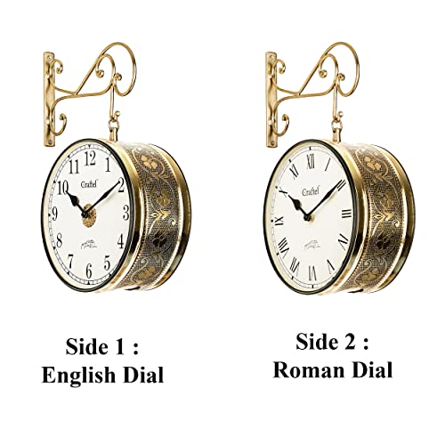 Image of CRAFTEL Double Sided Station Wall Clock Multi-Layer Electroplated | English Roman Numerals | Aluminum Matte-Finish Dial Brass Body | Dial - 10 Inches, Shiny Gold | 365 Days Warranty