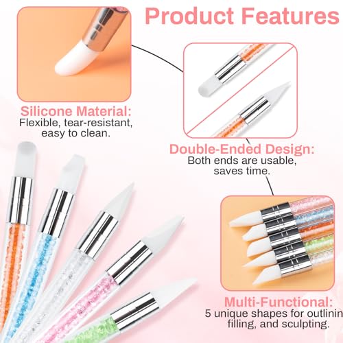 RAQEHO 5PCS Silicone Nail Tools - Dual Tipped Sculpture Tool Chrome Applicator for Sculpting & 3D Nail Gel,Polish, Resin, Chrome Nail Powder for Design,Drawing,Shaping,Dotting Manicure Must Have - Thumbnail 3